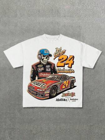 Men Fashion Streetwear Text Graphic Khaki Short Sleeve Loose Racing T-Shirt