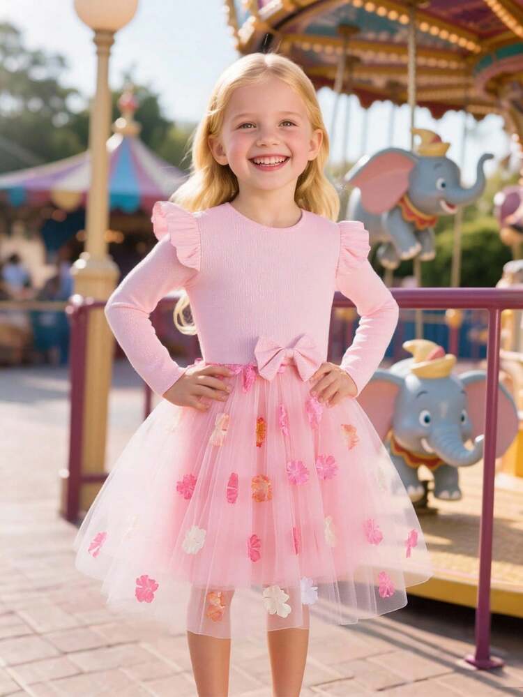 1 pieza Vestido de princesa estilo 3D con malla y flores para niñas, cuello redondo y mangas abullonadas, adecuado para uso al aire libre, fiestas, vacaciones, escuela, otoño/invierno - Rosa - Añade 3