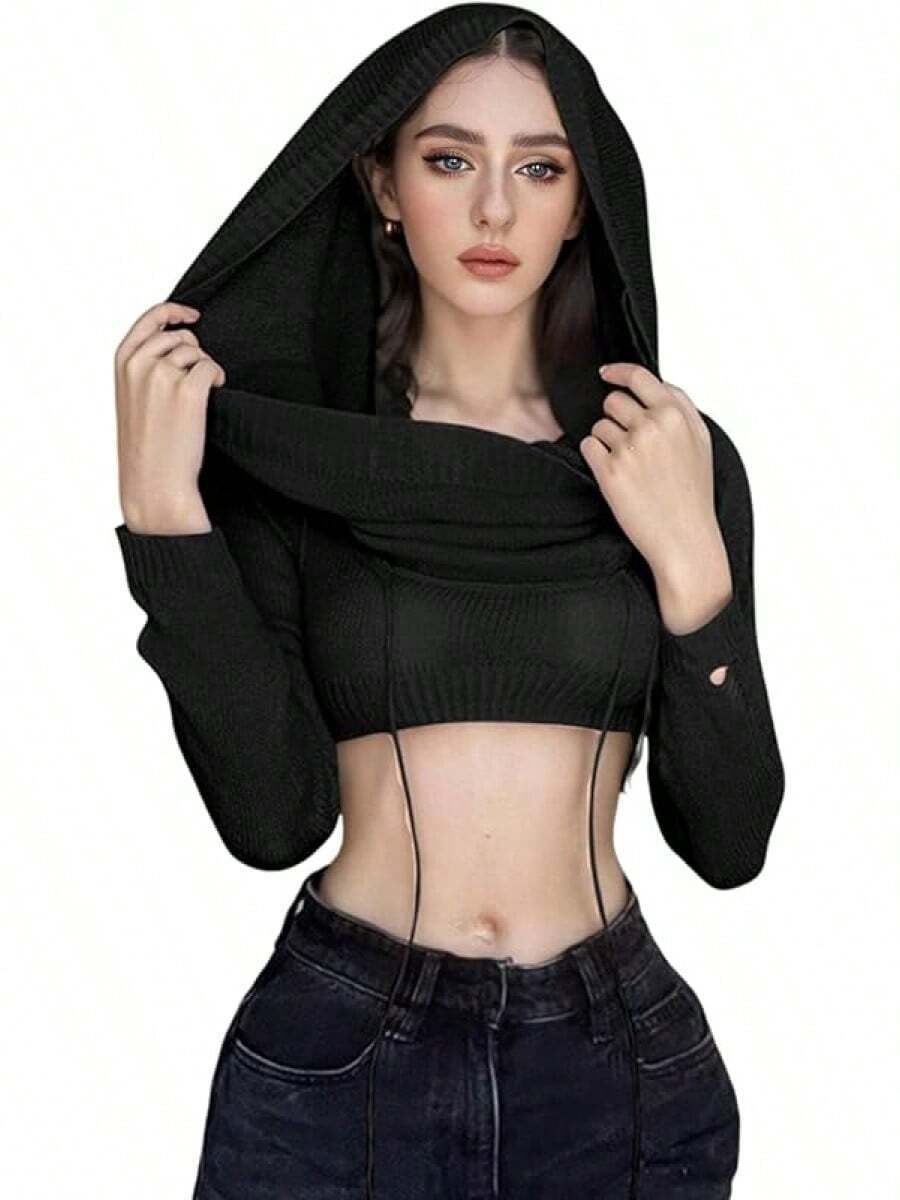 Women Knitted Hoodie Sweater Vest Sleeveless Hollow Out Hooded Crop Top Streetwear Rave Oufit - X黑色長袖 - 查看 1