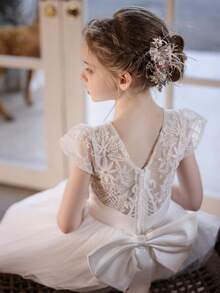 Girls' White Lace Bow Flower Girl Dress, Wedding Party Tulle Gown - White - View 9