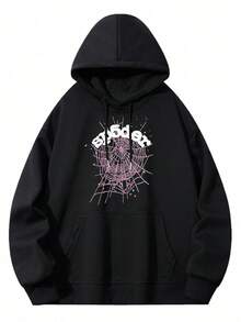 Men's Casual Pullover Hoodie With Spider Web Graphic,Long Sleeve Sweatshirt,Stylish Streetwear,Comfortable Fit,Available In Multiple Sizes - màu đen - Xem 4