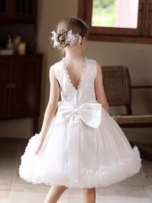 Girls' White Tulle Cake Dress Short Wedding Party Flower Girl Dress - White - View 10