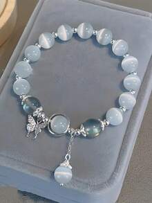 1 Stück handgemachtes Boho-Armband mit natürlichen Achat-Herz-Schmetterlingen für Frauen, elastisches Armband, Armband mit Grau-Mondstein-Perlen, Armreif, vielseitiger eleganter Stil, Edelstahl-Armband, Hochzeitsarmband, Freundschaftsarmband, perfektes Geschenk für Frauen und Feiertagsgeschenke, vielseitiger eleganter Stil