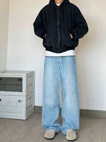 Baggy Jeans Wide Leg Straight Fit Carpenter Jeans UNISEX - 淺色水洗藍 - 查看 2