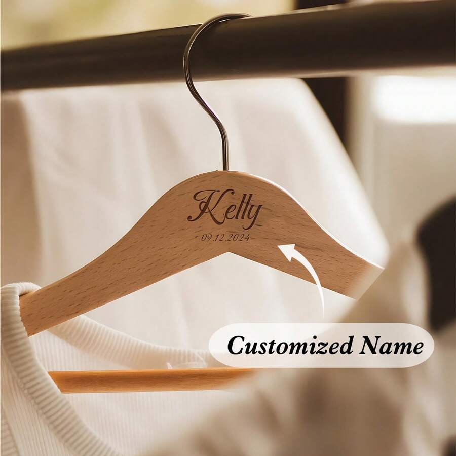 Personalized Customized Name Wooden Thick Clothes Hanger, Custom Engraved Bridal Wedding Dress/Groomsman, Bridesmaid Gift/Mother's Day/Father's Day Etching Gift, Handmade Clothes Hanger, Solid Wood Clothes Hanger, Housewarming Gift - Multicolor - View 1