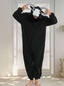 Bighorn Sheep Adult Men's Cartoon One-Piece Pajamas Autumn And Winter Thickened Animal One-Piece Pajamas Hooded Warm Home Clothes Halloween Costume Christmas Role Play Party Costume - màu đen - Xem 3