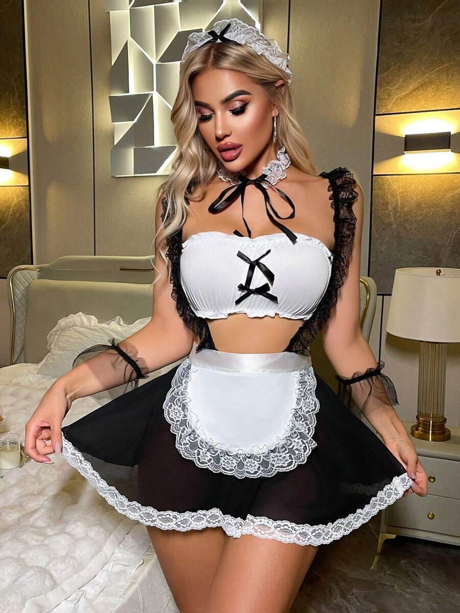 Costum de lenjerie intimă personalizat pentru femei, set de 6 piese, include: top cu bretele și funde contrastante, șorț cu bretele, fustă din plasă cu tiv din dantelă, guler pentru gât, mâneci și set cu bandă pentru păr