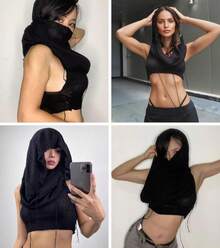 Women Knitted Hoodie Sweater Vest Sleeveless Hollow Out Hooded Crop Top Streetwear Rave Oufit - 白色 - 查看 9