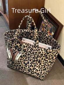 2025 New Leopard Print Canvas Tote Bag, High-End Casual Commuter Shoulder Bag With Large Capacity For Women, New Fall Winter Cheetah Print Purse For Women