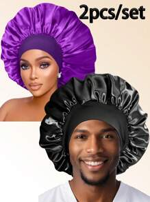 2pcs Satin Sleep Cap, Unisex, Soft Stretchy Silk Sleep Hat Suitable For Curly Hair And Braids - 2pcs - View 21