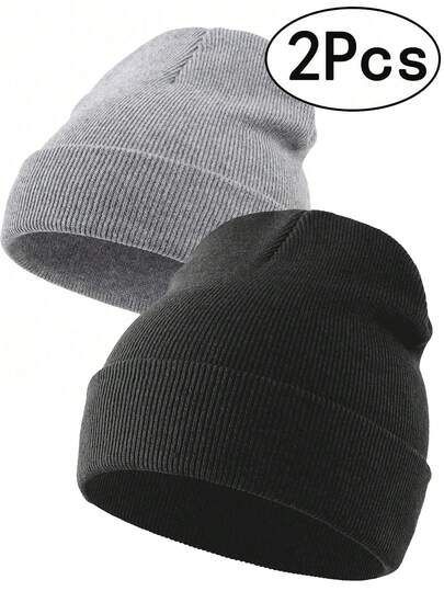 2pcs Men's Knit Beanie Hats, Suitable For Daily Wear, Autumn