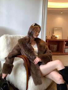 女士纯色长袖仿毛领系腰圣诞外套休闲冬季 - 咖啡棕 - 查看 3