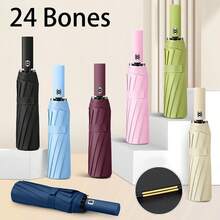 1 件全自动 24 骨防风紧凑型折叠雨伞，遮阳防雨两用，加强型多功能旅行伞