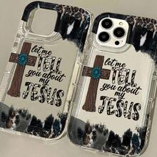 Religious Cross Design With Turquoise Flower And Inspirational Quote "Let Me Tell You About My Jesus" Transparent Personalized UV Printed Phone Case Suitable For IPhone 16/16Plus/16Pro/16ProMax 13/13Pro/13ProMax 12/12Pro/12ProMax 11/11Pro/11Pro Max 7/8 X/Xs - 透明 - 查看 1