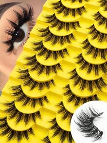 10 Pairs D-Curl False Eyelashes,3D Faux Mink Lashes,Natural Full False Eyelashes ,Invisible Transparent Stem,Naturally And Fluffy Unique Design,Natural Look, Dramatic Lashes,Suitable For Daily Wear - 俄羅斯條狀假睫毛 - 查看 9