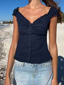 Women's Button Down Tops Fashion Cap Sleeve Solid Color Slim Fit Frill T-Shirts Summer Blouses - Màu xanh lam - Xem 2