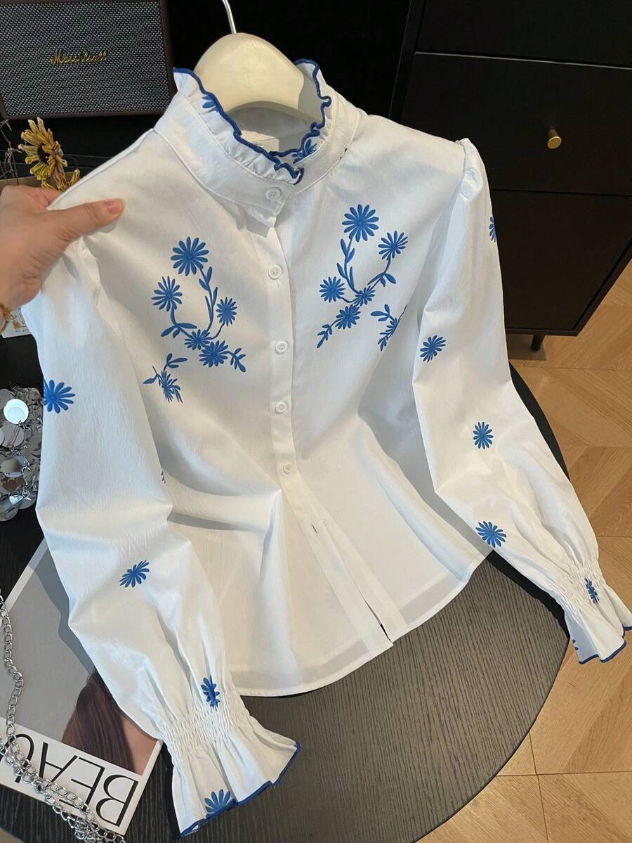 感知花卉印花荷叶边领长袖女式衬衫，适合秋冬季商务休闲穿着