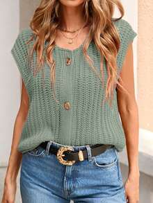 Damski luźny, swobodny sweter kamizelka z dzianiny jednorzędowej, szałwiowo-szary, jesień/zima - Zielony - Zobacz 4