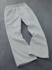 1pc Girl's Minimalist Outdoor Sports Solid Color Fleece Letter Print Flared Straight Leg Pants, Thick & Warm For Spring/Autumn/Winter - Light Grey - View 5