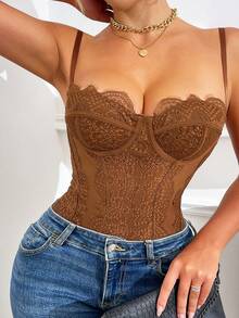 1pc Lace Bodysuit, Sexy Clubwear For Going Out, Party, Backless Camisole, Fitted Spaghetti Strap Top - Brown - View 2