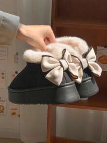 女士 EVA 厚底蝴蝶结设计保暖内衬防滑平底休闲鞋，温暖时尚，适合秋冬季 - 黑色 - 查看 2