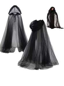 1 件套万圣节深色哥特式连帽长网状斗篷，酷炫女巫服装披风，男女通用 - 黑色 - 查看 1
