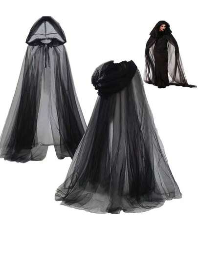 1 件套万圣节深色哥特式连帽长网状斗篷，酷炫女巫服装披风，男女通用