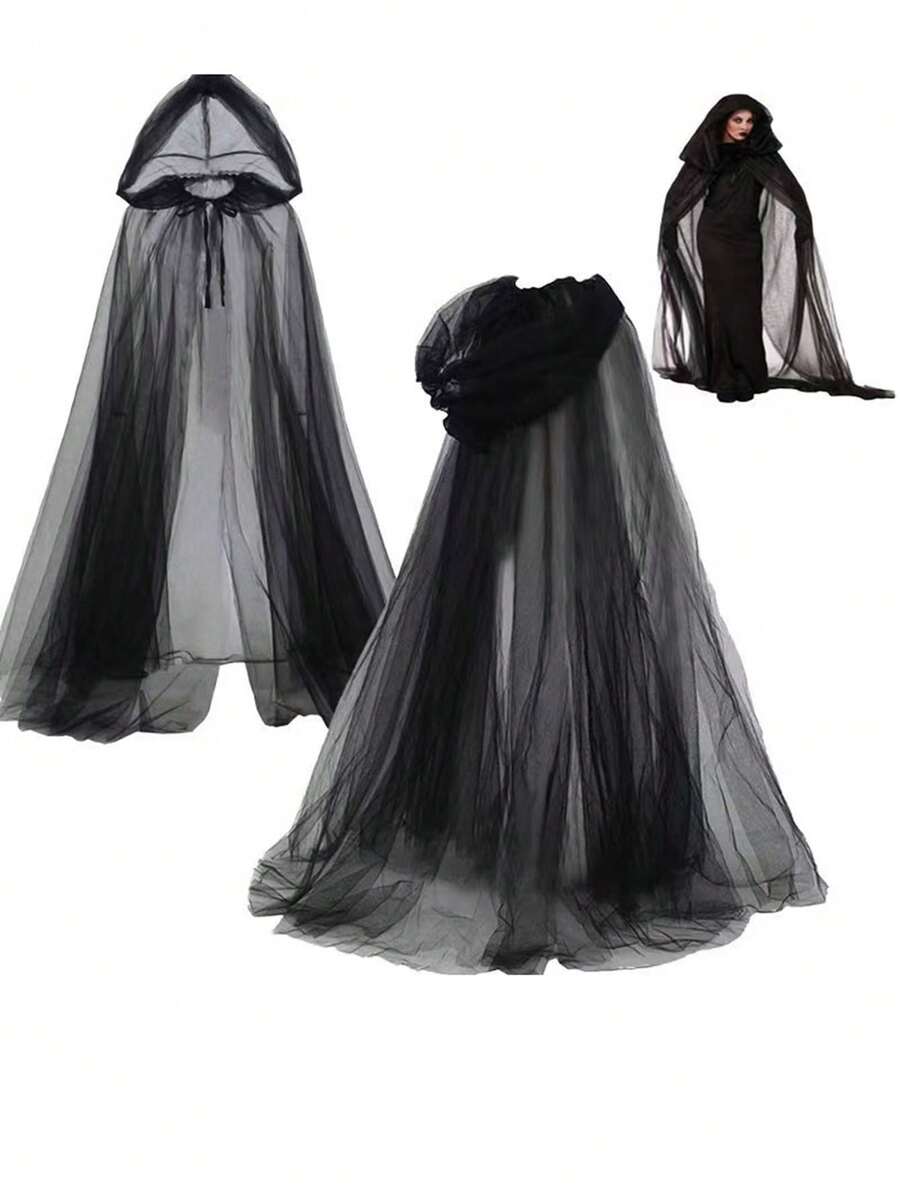 1 件套万圣节深色哥特式连帽长网状斗篷，酷炫女巫服装披风，男女通用 - 黑色 - 查看 1