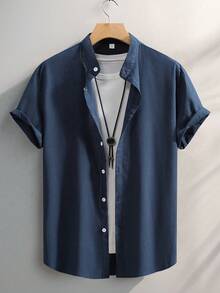 Men's Solid Color Shirts, Casual Shirts, Summer Outdoor Short Sleeve Shirts - Màu xanh hải quân - Xem 1