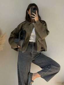 Camellia Casual Versatile Suede-Effect Bomber Jacket For Women, Spring/Autumn - Army Green - View 10