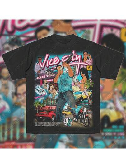 Camiseta gráfica inspirada en 6 "Vice City" - Diseño retro con temática de Miami con personajes, coches y palmeras, camiseta de manga corta unisex suave y cómoda, perfecta para uso casual o regalo, ropa para todas las estaciones |   Diseño retro de Miami |   Camisa de Tela Suave