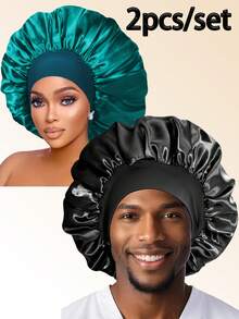 2pcs Satin Sleep Cap, Unisex, Soft Stretchy Silk Sleep Hat Suitable For Curly Hair And Braids - 2pcs - View 24
