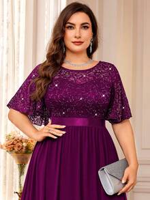 加亮片花卉蕾丝蝴蝶袖雪纺褶边晚会长裙，婚礼宾客礼服，适合生日、舞会、晚宴、节日