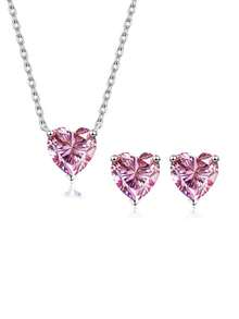 1 Set 5A Grade Cubic Zirconia 925 Sterling Silver Classic Heart Shape Pink Pendant Necklace And Earrings, Engagement, Daily Party Jewelry Sets For Women, Anniversary, Holiday Gifts - Pink - View 8