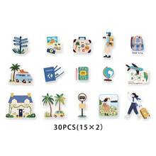 30张户外装饰贴纸，图案包括椰子树、飞机、旅行包，适用于剪贴簿、相册、行李箱、办公电脑、学生笔记本、铅笔盒、学习用品、派对装饰、学生文具剪贴簿用品。 - 淺藍色 - 查看 7