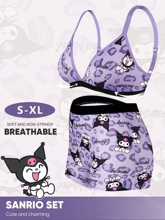 Sanrio Damunderklädesset, Kuromi moderiktig, mönstrad lila vardags-BH och bekväma trosor med mellanhög midja
