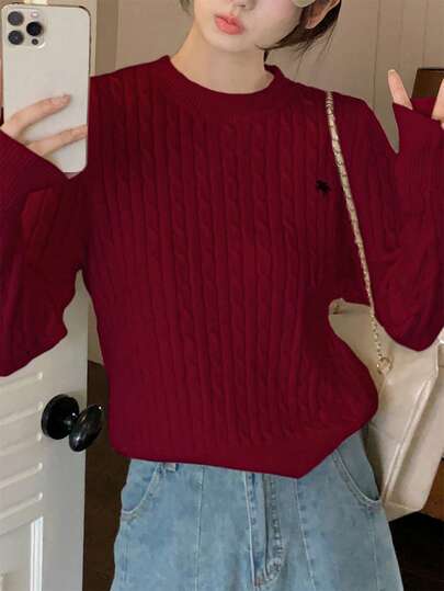 Korean Style Elegant Textured Crew Neck Sweater For Women, Long Sleeve Embroidered Pullover
