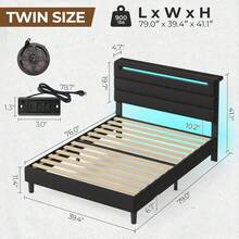 GREENSTELL Modern Platform Bed Frame, Twin/Full/King/Queen Size Bed Frame * Upholstered Headboards, With LED Lights & USB Charging Station, Easy Assembly, Bedroom Decor - 黑色 - 查看 9