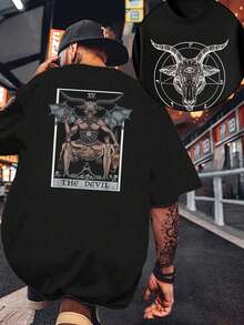 Camiseta de Cabra Oculta de Baphomet Camiseta de algodón puro de 220 g/m2 con cuello redondo, informal, moderna y con estampado de doble cara para hombre (1 unidad) - Negro - Ver 1