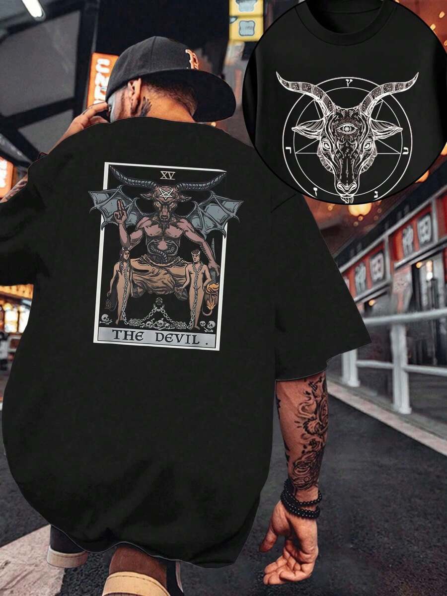 Camiseta de Cabra Oculta de Baphomet Camiseta de algodón puro de 220 g/m2 con cuello redondo, informal, moderna y con estampado de doble cara para hombre (1 unidad) - Negro - Ver 1