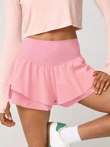 Fisoew Absorbs Sweat Breathable High Waisted Sports Shorts Sweater Shorts Sleek Style Ruffle Tiered Running Shorts With Built In Shorts Y2K Tennis Workout Shorts Clean Girl Coquette Aesthetic Summer Streetwear - 粉色 - 查看 2