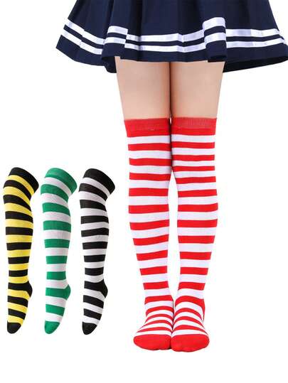 1 par de calcetines de rayas hasta la rodilla para niños, calcetines casuales sobre la rodilla con bloques de color, adecuados para niños de 5 a 12 años, disfraz de Navidad, gran regalo para la temporada navideña