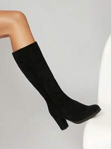 JIAOFEITI Giày bốt cao đến đầu gối mũi tròn đế xuồng chống thấm nước màu nâu, bốt thanh lịch dành cho nữ vào mùa thu/đông - đen - Xem 3