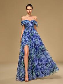 Charmantes vintage blaues Blumenprint Mesh Maxikleid, Off-Shoulder Ausschnitt und Ärmel, geeignet für formelle Anlässe, Hochzeiten, Abschlussfeiern, formelle Abendessen, Partys