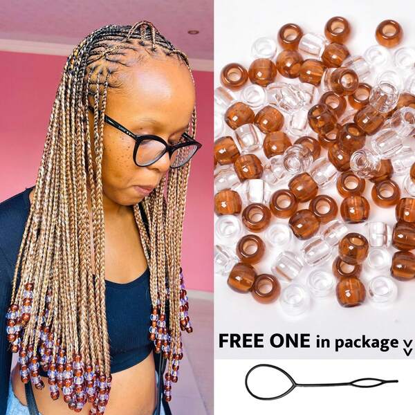 100 pièces/set Perles de cheveux de couleur marron mélangée pour tresses de cheveux, perles en plastique de 10*12 mm avec grand trou pour accessoires de cheveux africains, avec une aiguille à tirer. Kit de coiffure