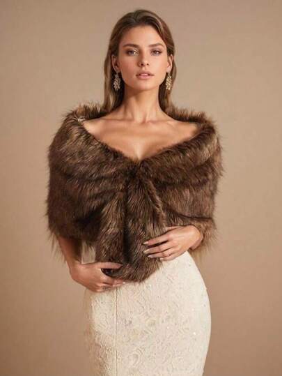 1 pieza Chal de piel sintética para mujer, chal nupcial de color champán grueso, accesorio cálido para vestido de noche, uso diario, regalo para mujer, atuendo festivo