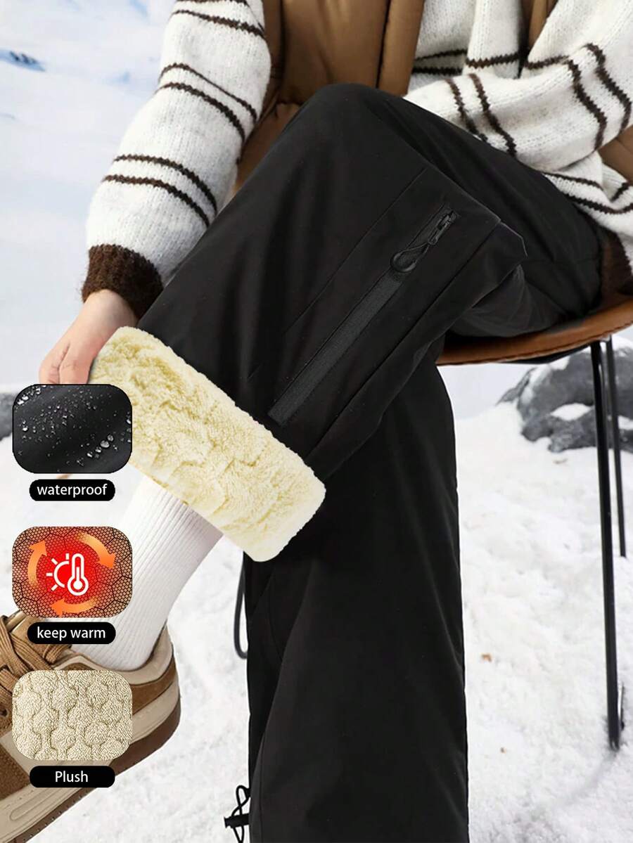 女士冬季防风防水滑雪裤 – 保暖加厚保暖雪裤，内置石墨烯加热垫，透气软壳工装慢跑裤，可调节抽绳裤脚可将直筒裤型转换为束口裤型，多功能徒步裤，适用于滑雪、单板滑雪、极地探险、寒冷天气背包旅行、日常通勤和极限户外探险。 - 黑色 - 查看 1