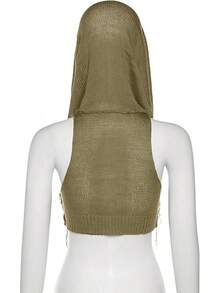 Women Knitted Hoodie Sweater Vest Sleeveless Hollow Out Hooded Crop Top Streetwear Rave Oufit - 橄欖綠 - 查看 5