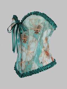 1pc Women's Unique Tight-Fitting Bralette, Green Bee Jacquard Underwire Bustier With Lace Trim, Back Tie Front Button Closure, Casual Summer Vacation Wear - Green - View 3