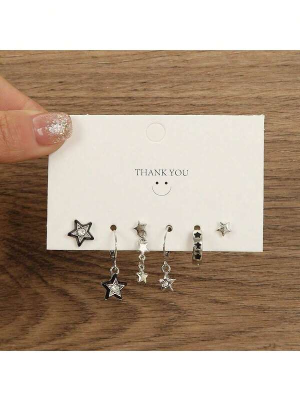 6pcs/Set Elegant Alloy Black Asymmetrical Star Hoop & Stud Earrings Set, Women Party Earring Assortment